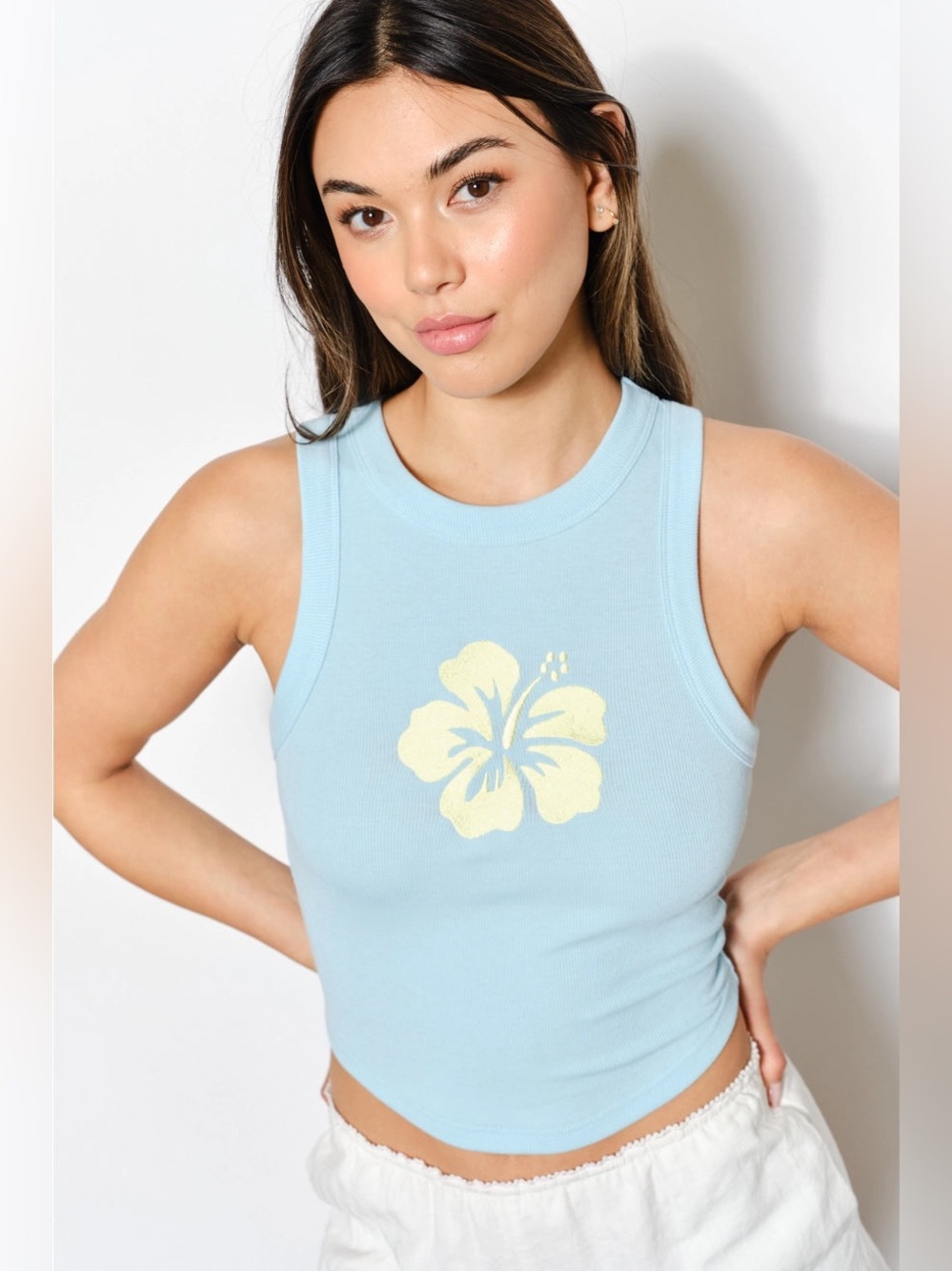 Embroidered Hibiscus Flower Ribbed Tank Top - Pretty Garbage - Picture 2 of 6